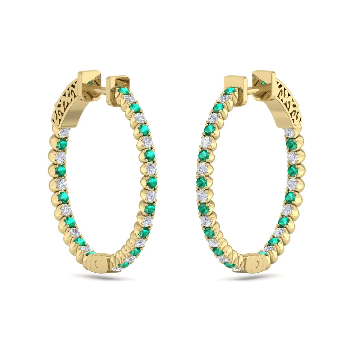 1 Carat Emerald And Diamond Hoop Earrings In 14 Karat Yellow Gold, 3/4 Inch