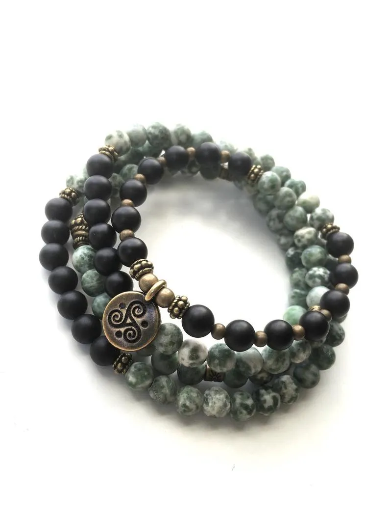 108 Bead Mala in Shungite, Tree Agate, Lotus Mala Necklace (convertible to Bracelet)