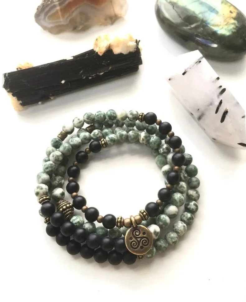 108 Bead Mala in Shungite, Tree Agate, Lotus Mala Necklace (convertible to Bracelet)