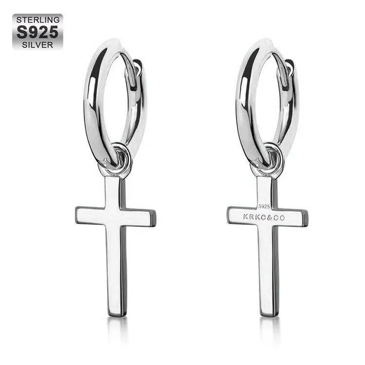 14K Gold/White Gold Sterling Silver Dangle Cross Hoop Mens Earrings KRKC