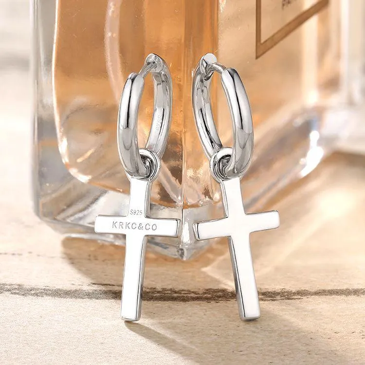 14K Gold/White Gold Sterling Silver Dangle Cross Hoop Mens Earrings KRKC