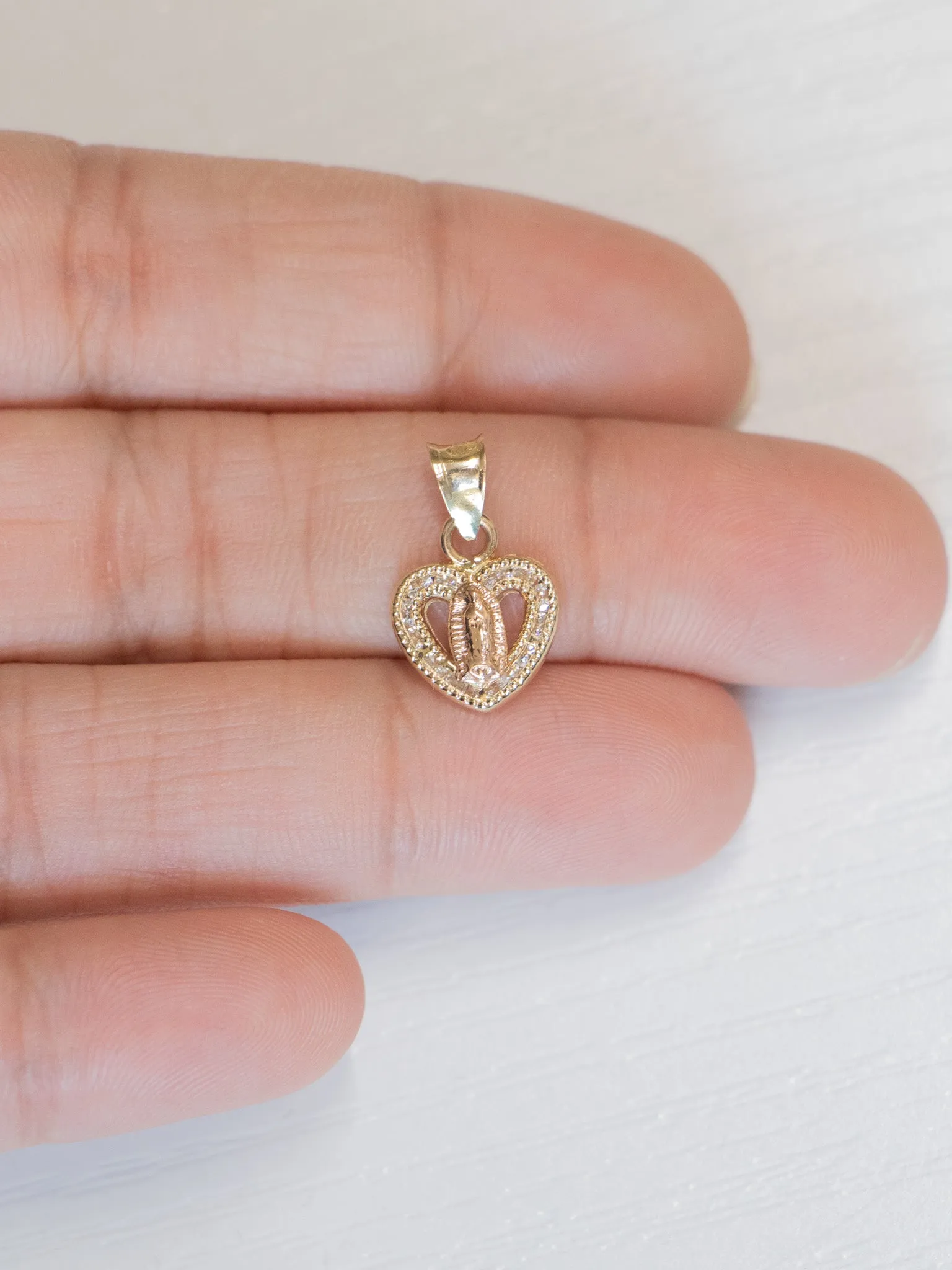 14K Mini Three-Tone Virgencita Heart Pendant