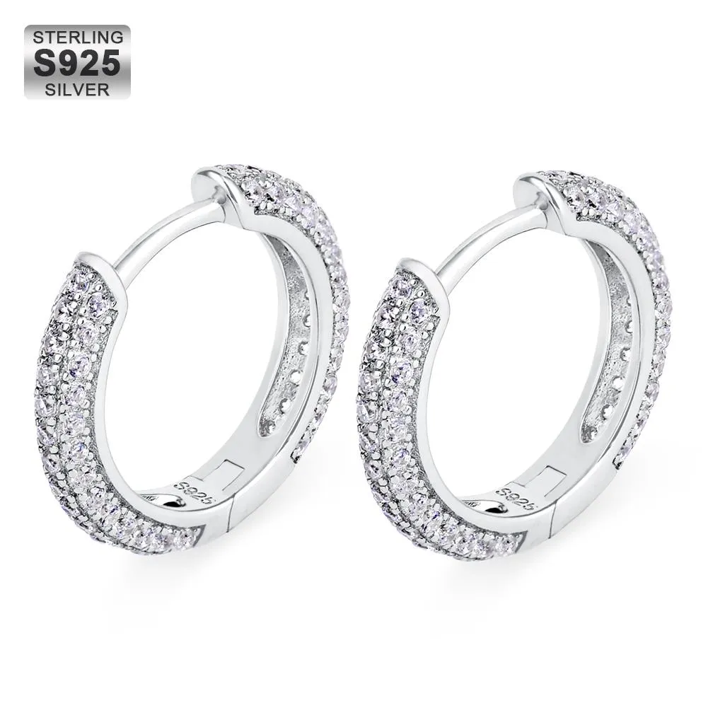 15mm 14K Gold/White Gold Sterling Silver Diamond Round Hoop Mens Earrings