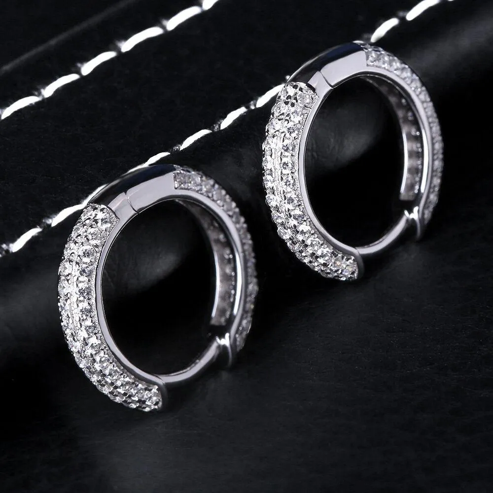 15mm 14K Gold/White Gold Sterling Silver Diamond Round Hoop Mens Earrings