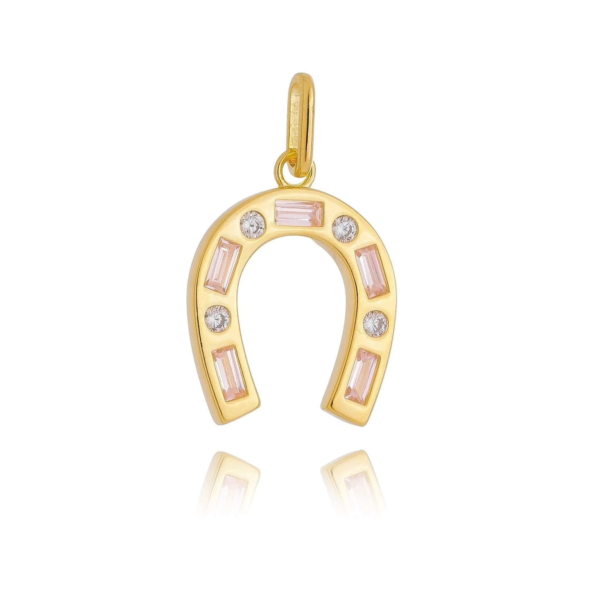 18k Gold Filled Horseshoe Pendant Featuring Cubic Zirconia Pink Baguette