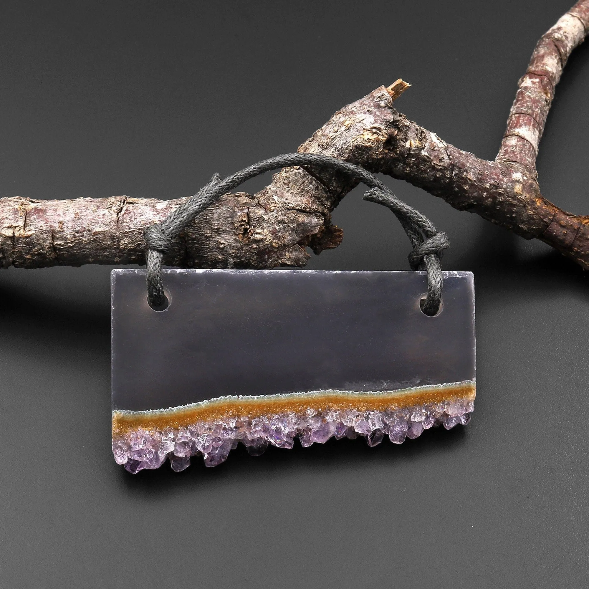 2 Hole Pendant Natural Bright Orange Lilac Purple Amethyst Stalactite Crystal Druzy Pendant Drilled Flat Slice Long Rectangle