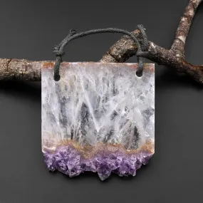 2 Hole Pendant Natural Green Purple Amethyst Stalactite Druzy Pendant Drilled Flat Slice Rectangle P0182