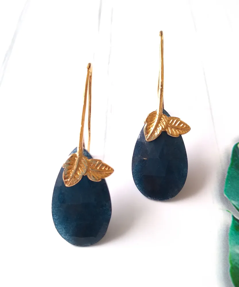 2 Leaf Blue Jade Single Gem Drop Earrings