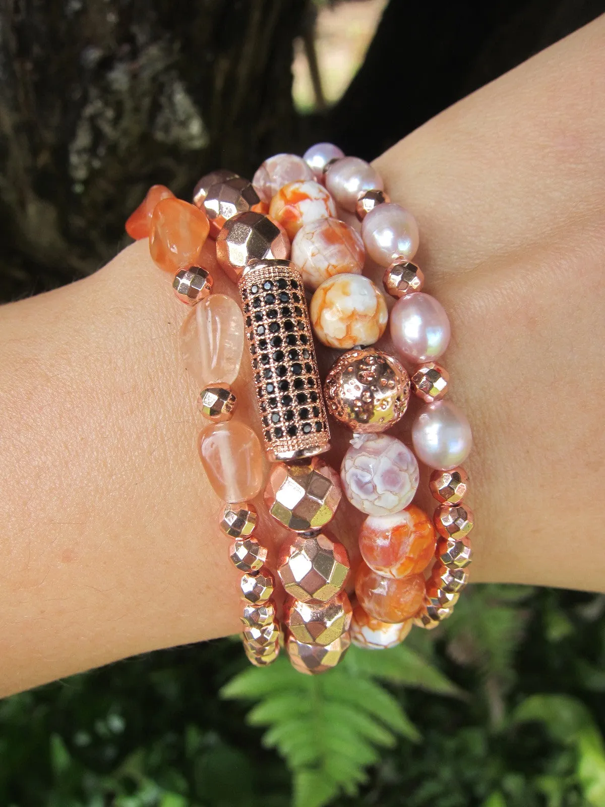 3 Piece Set - Carnelian, Orange Agate, Rose Gold Hematite Mala Stack Bracelets - Sacral Chakra