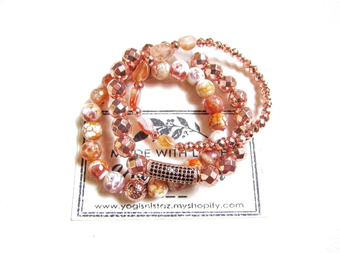 3 Piece Set - Carnelian, Orange Agate, Rose Gold Hematite Mala Stack Bracelets - Sacral Chakra