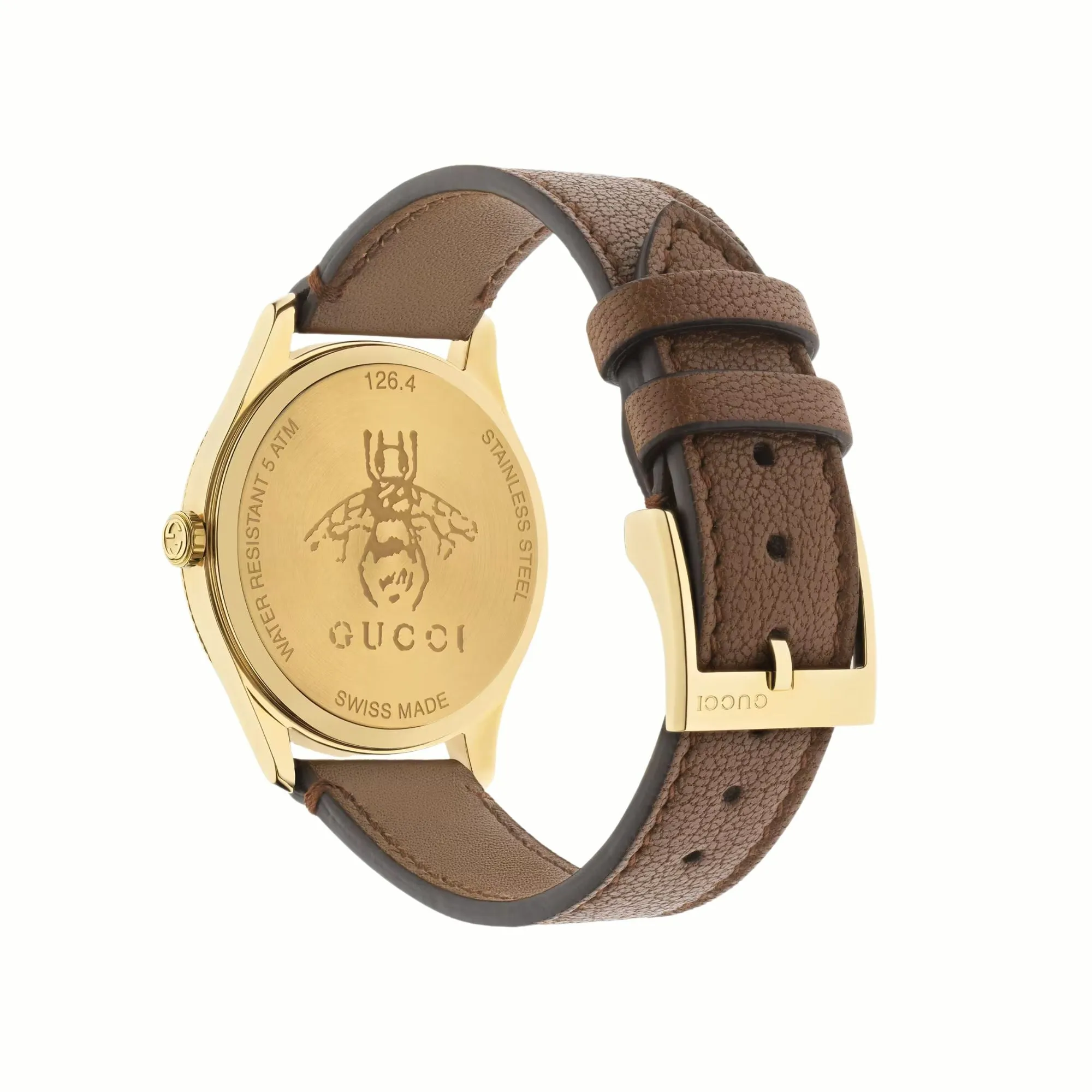 36MM GUCCI G-TIMELESS QUARTZ WATCH WITH SILVER BEE DIAL AND BROWN LEATHER STRAP