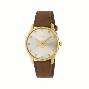 36MM GUCCI G-TIMELESS QUARTZ WATCH WITH SILVER BEE DIAL AND BROWN LEATHER STRAP