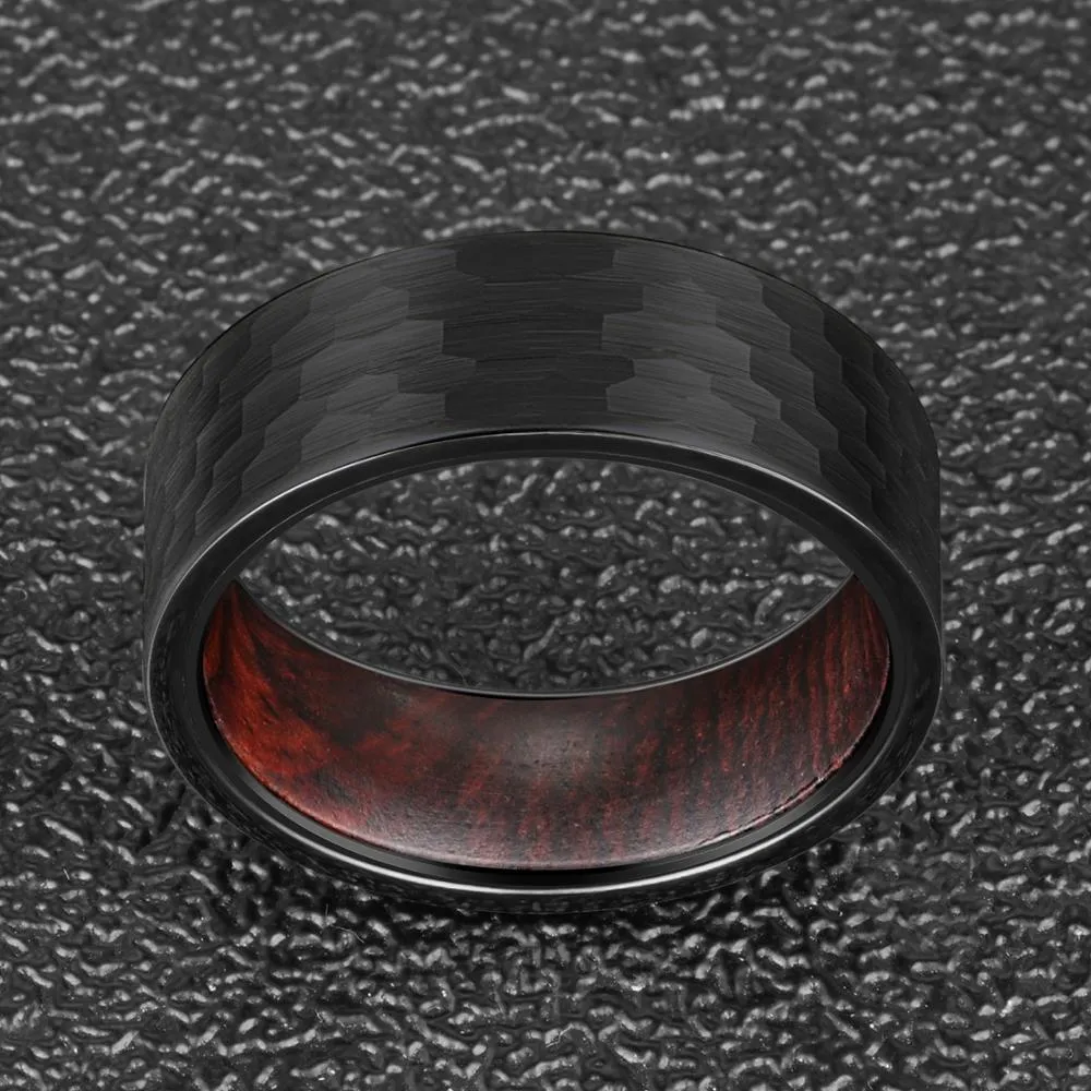 8mm Men Hammered Tungsten with Snake Wood Interior Comfort Fit Wedding Band