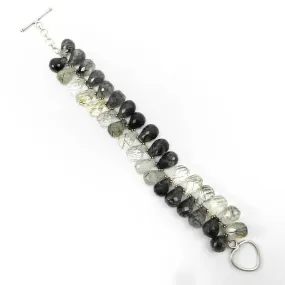 9 Inch Natural Black Rutile Quartz Faceted Drop Silver Link Chain bracelet