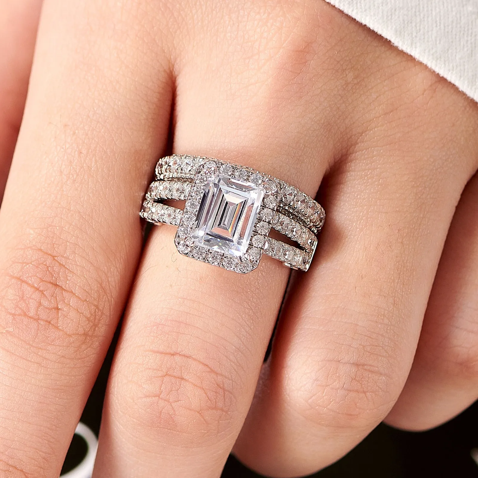 925 Sterling Silver Brilliant Emerald Cut AAAAA CZ Classic Diamond Simulation Engagement Ring Set