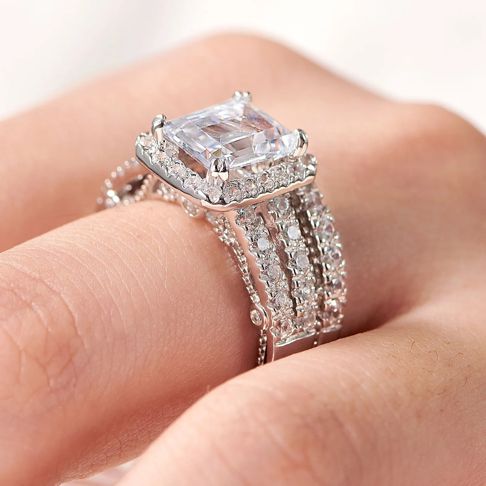 925 Sterling Silver Brilliant Emerald Cut AAAAA CZ Classic Diamond Simulation Engagement Ring Set