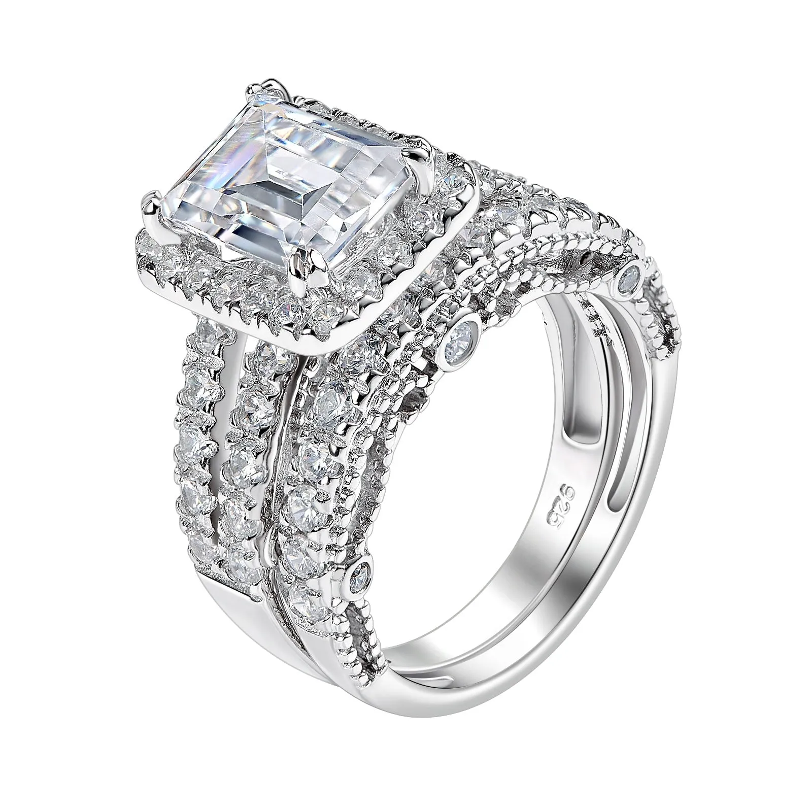 925 Sterling Silver Brilliant Emerald Cut AAAAA CZ Classic Diamond Simulation Engagement Ring Set