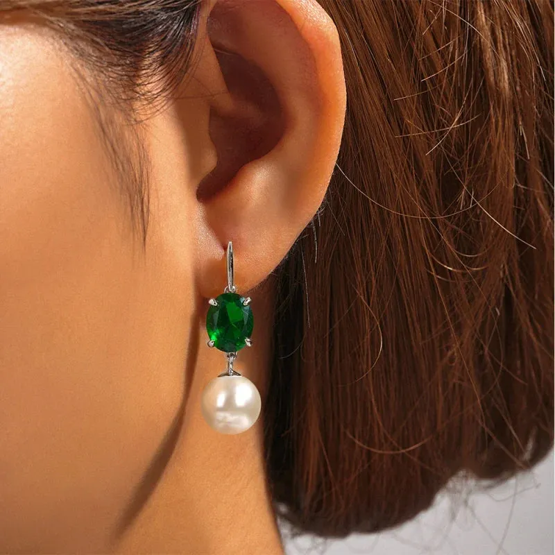 925 Sterling Silver Fashion Elegant Pearl Drop Earrings with Green Cubic Zirconia