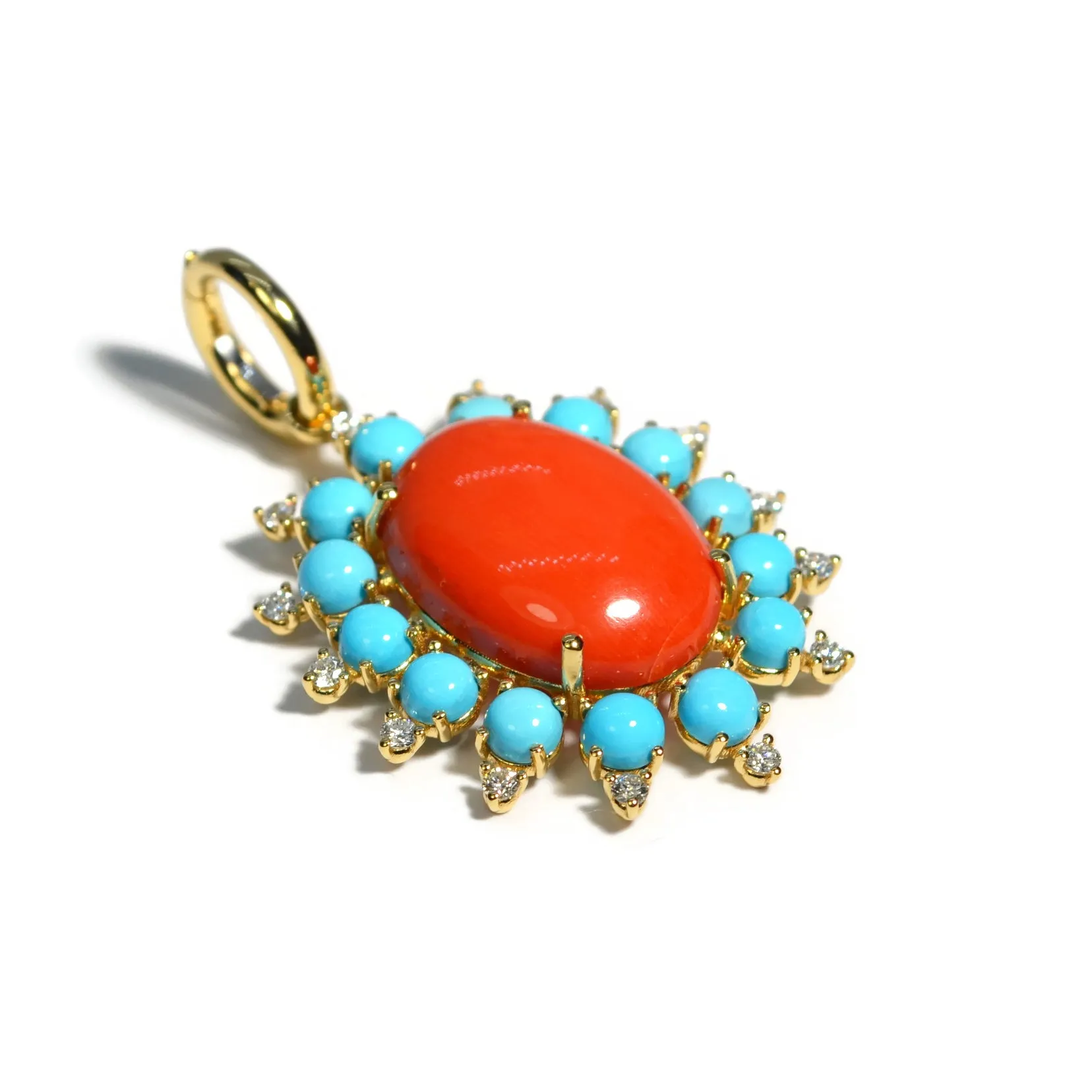 A & Furst - Sole - Pendant with Natural Mediterranean Red Coral, Arizona Turquoise and Diamonds, 18k Yellow Gold