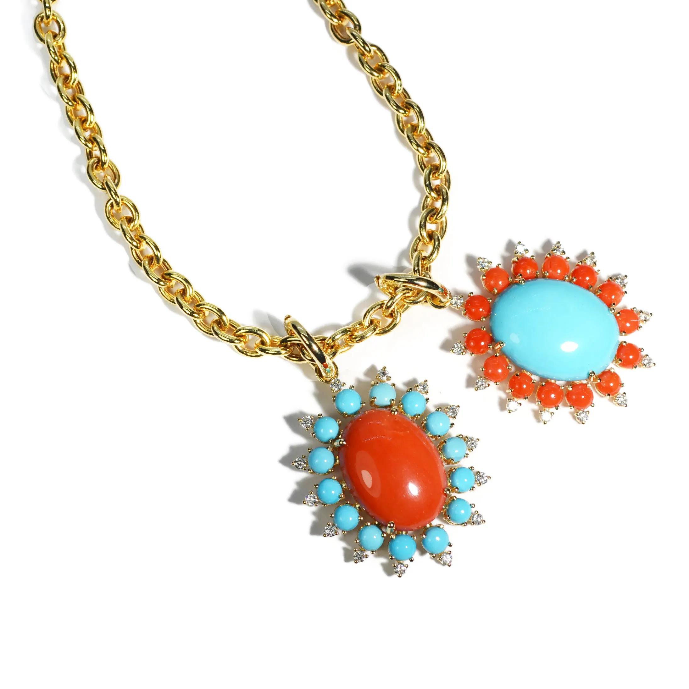 A & Furst - Sole - Pendant with Natural Mediterranean Red Coral, Arizona Turquoise and Diamonds, 18k Yellow Gold