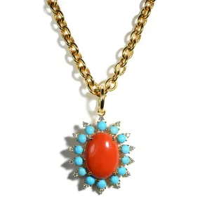 A & Furst - Sole - Pendant with Natural Mediterranean Red Coral, Arizona Turquoise and Diamonds, 18k Yellow Gold