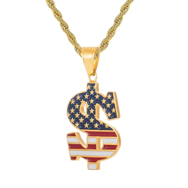 American Flag on US Dollar Stainless Steel Hip-hop Pendant Necklace