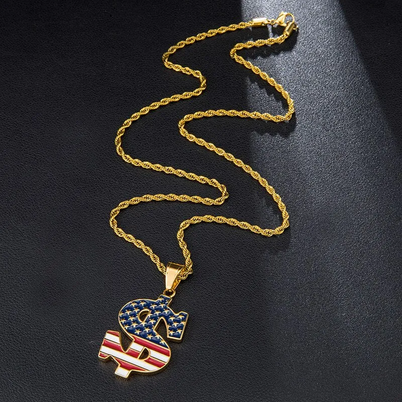 American Flag on US Dollar Stainless Steel Hip-hop Pendant Necklace