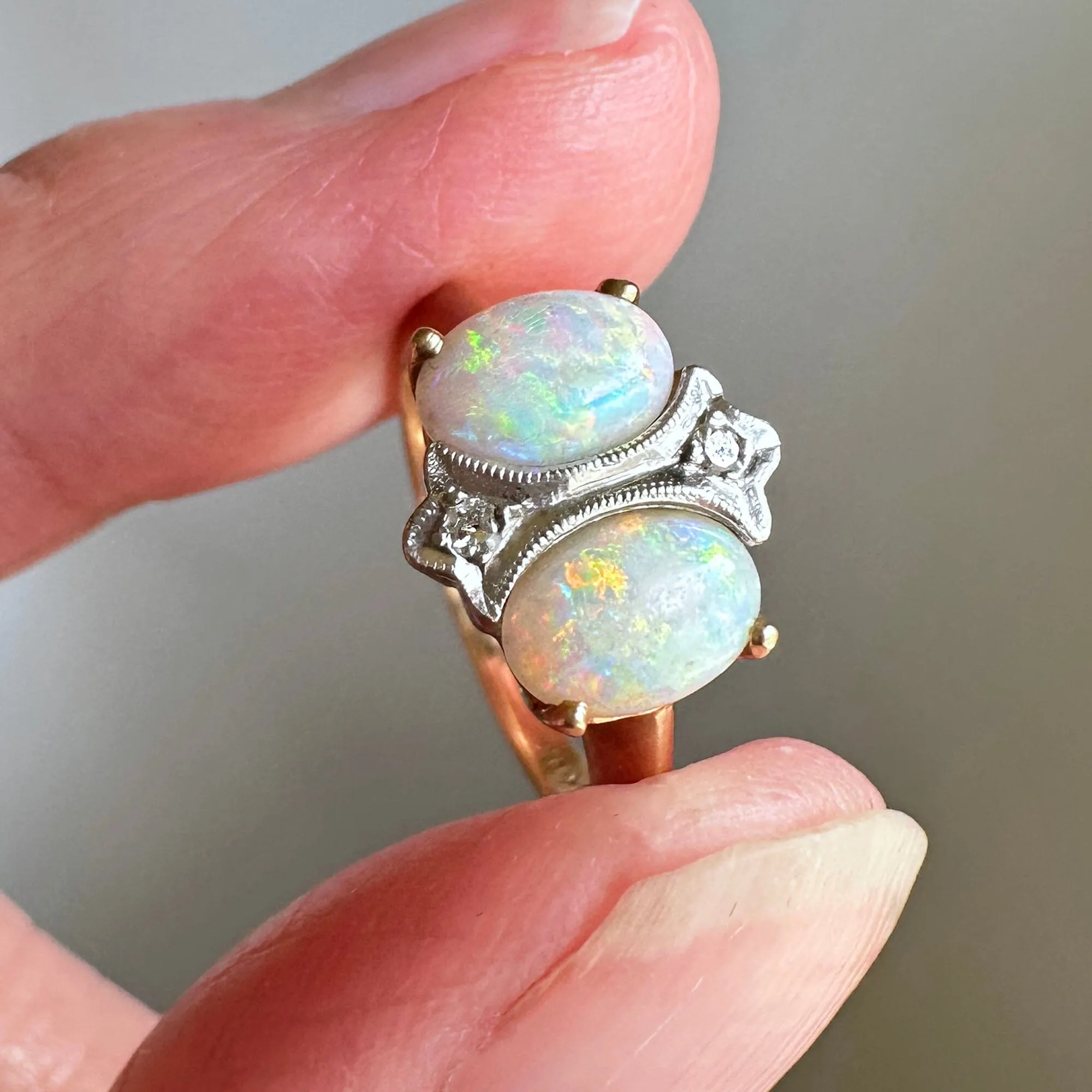 Antique Art Deco 14K Gold Diamond Opal Ring