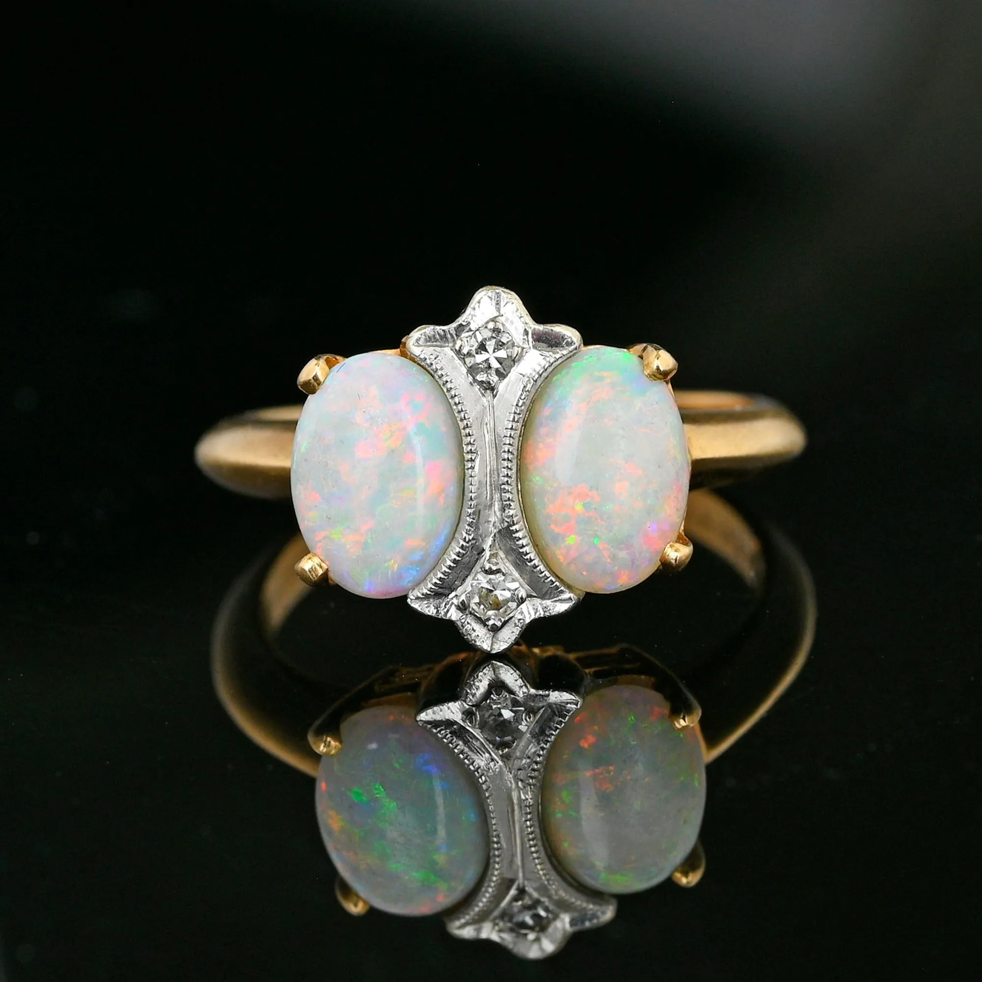 Antique Art Deco 14K Gold Diamond Opal Ring