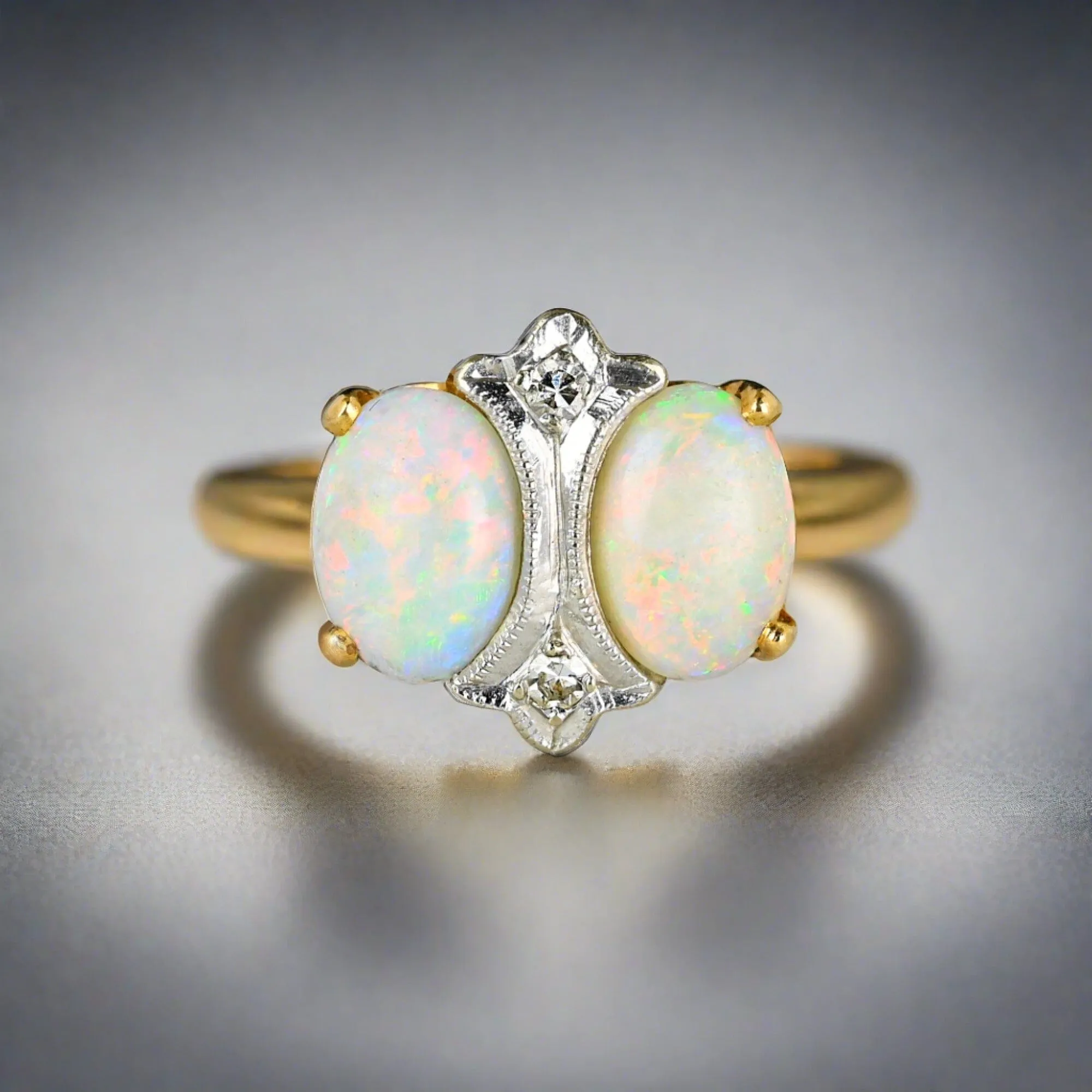 Antique Art Deco 14K Gold Diamond Opal Ring