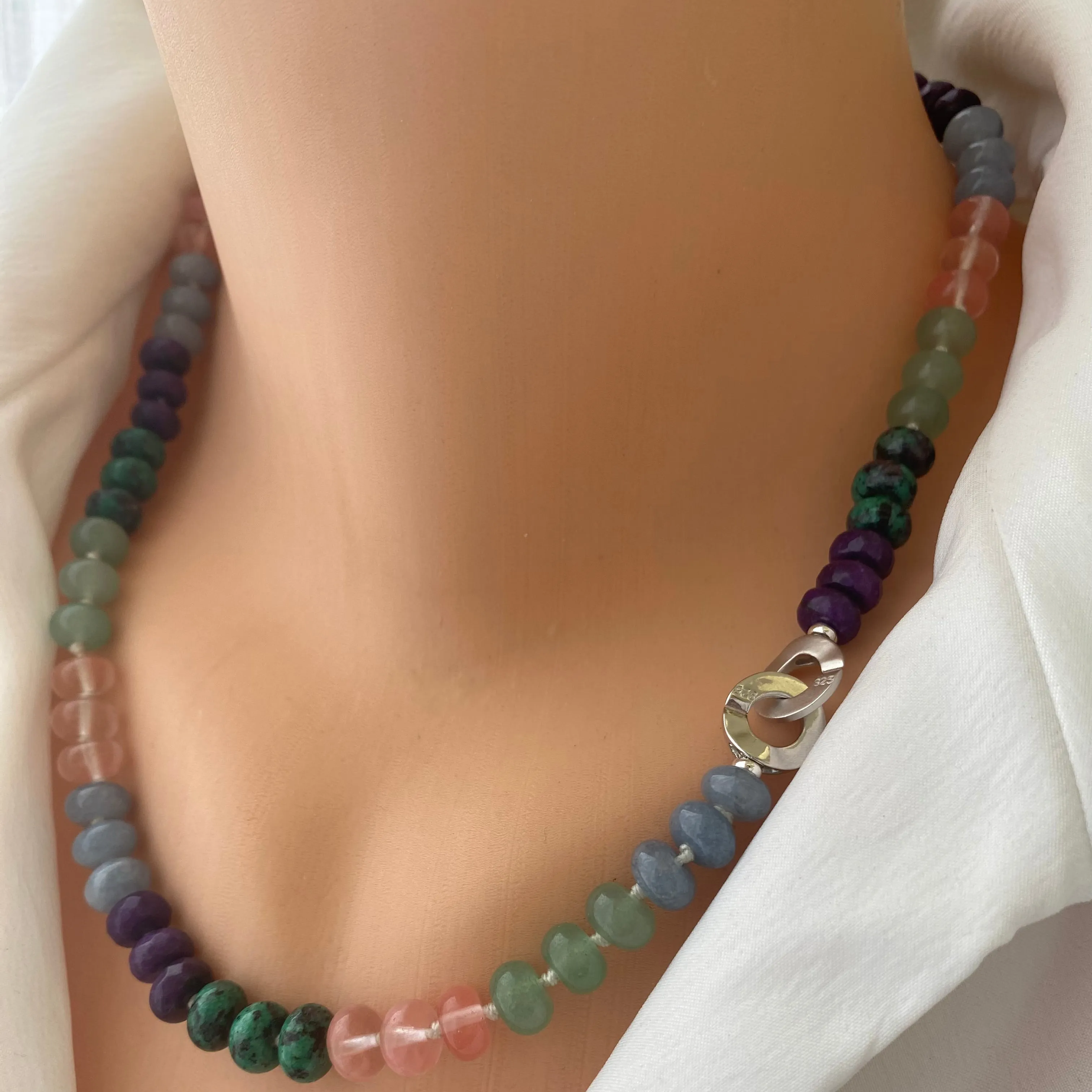 Aventurine, Jade, Multi Gemstones Candy Necklace, Silver Interlocking Clasp, 19.5in, OOAK Jewelry