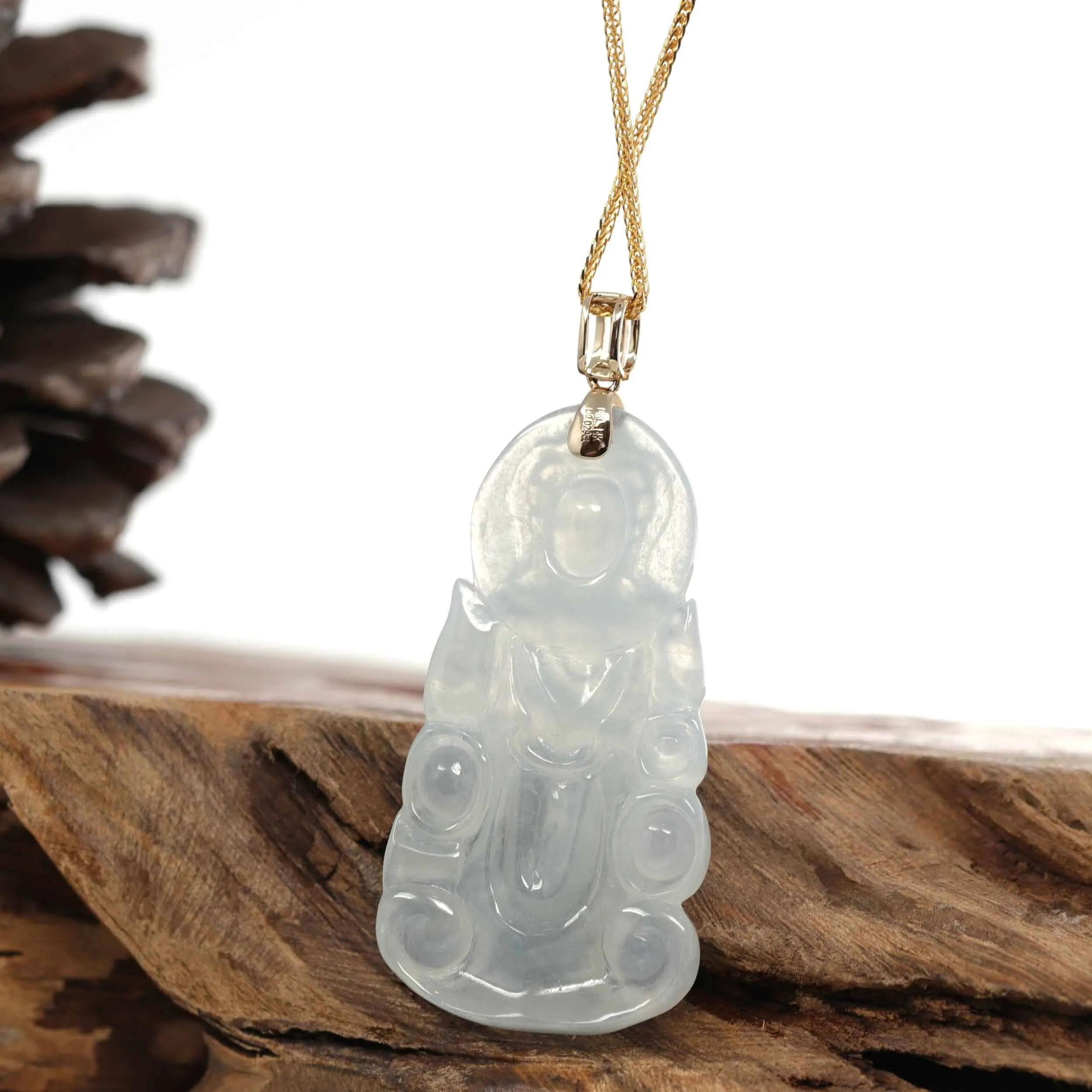 Baikalla 14k White Gold "Goddess of Compassion" Genuine Ice Burmese Jadeite Jade Guanyin Necklace With Gold VS1 Diamond Bail