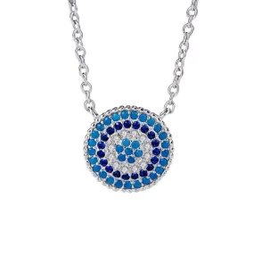 Blue Cubic Zircons Evil Eye Pendant Necklace Sterling Silver