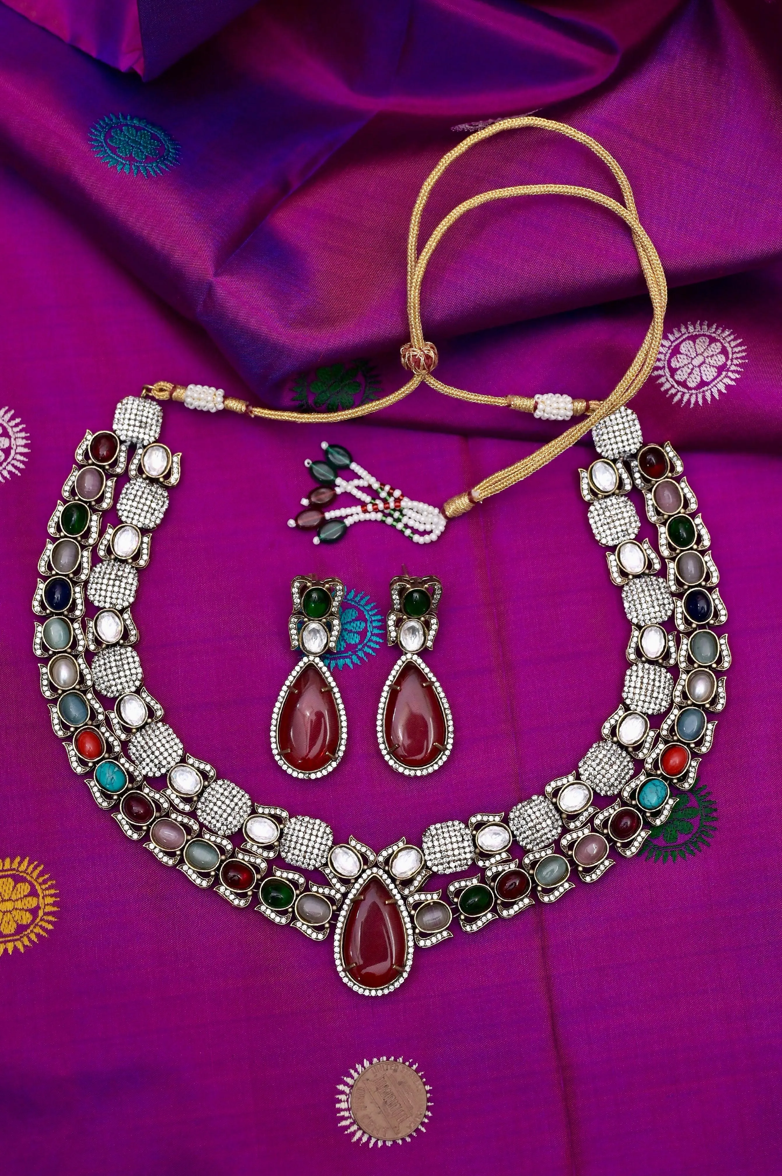 Boho Style Long Necklace Set with Monalisa Stone Work