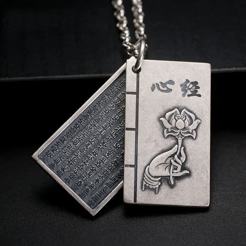 Buddhism Book Lettering and Lotus Flower 999 Genuine Silver Vintage Steampunk Pendant Necklace