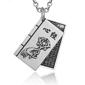 Buddhism Book Lettering and Lotus Flower 999 Genuine Silver Vintage Steampunk Pendant Necklace