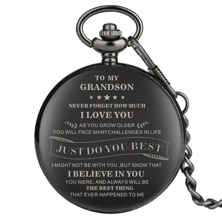 Classic Black Pocket Watch With Engraved Message to Grandson