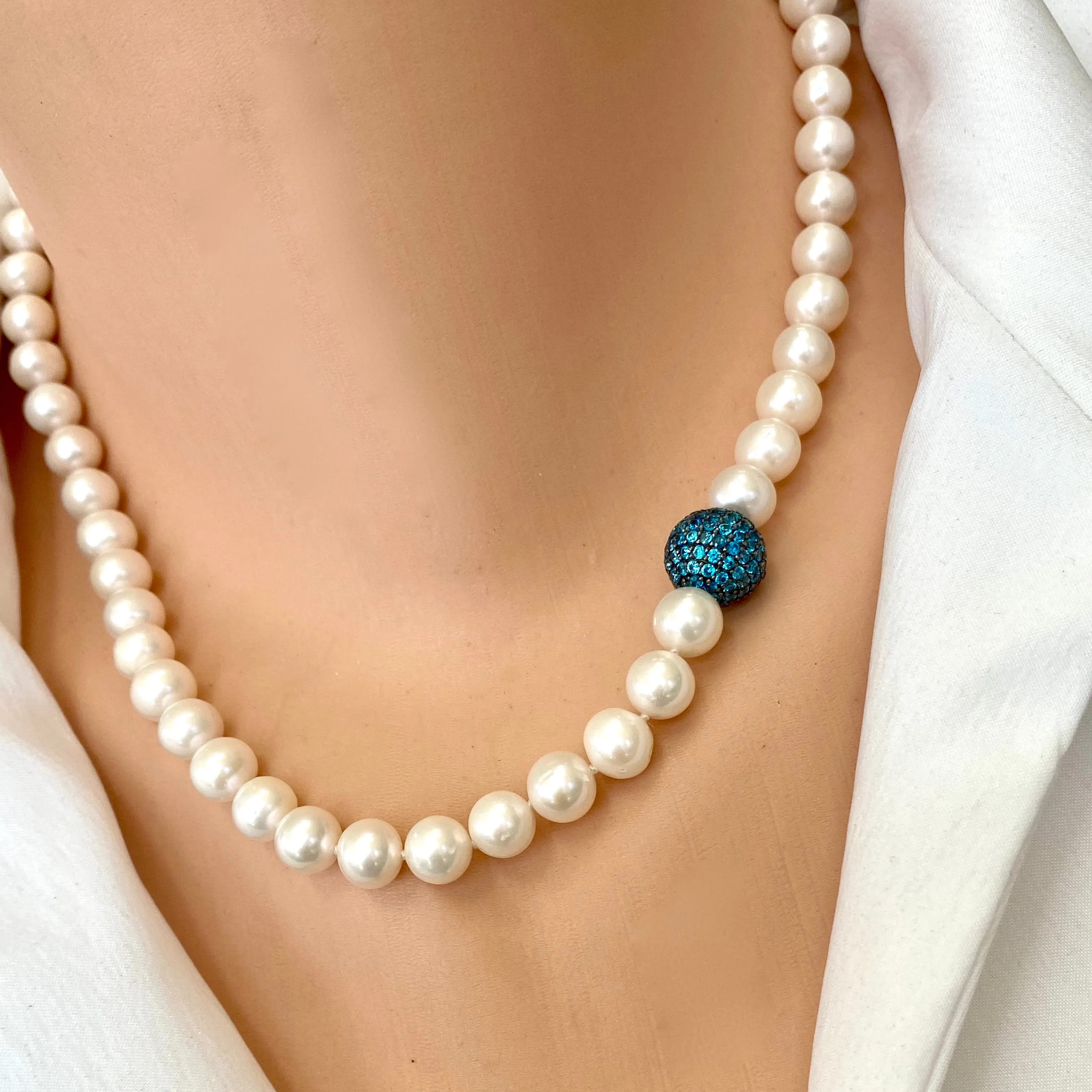 Classic White Pearls and Turquoise Blue Cubic Zirconia Pave Silver Ball Necklace with Magnetic Clasp, 18inches