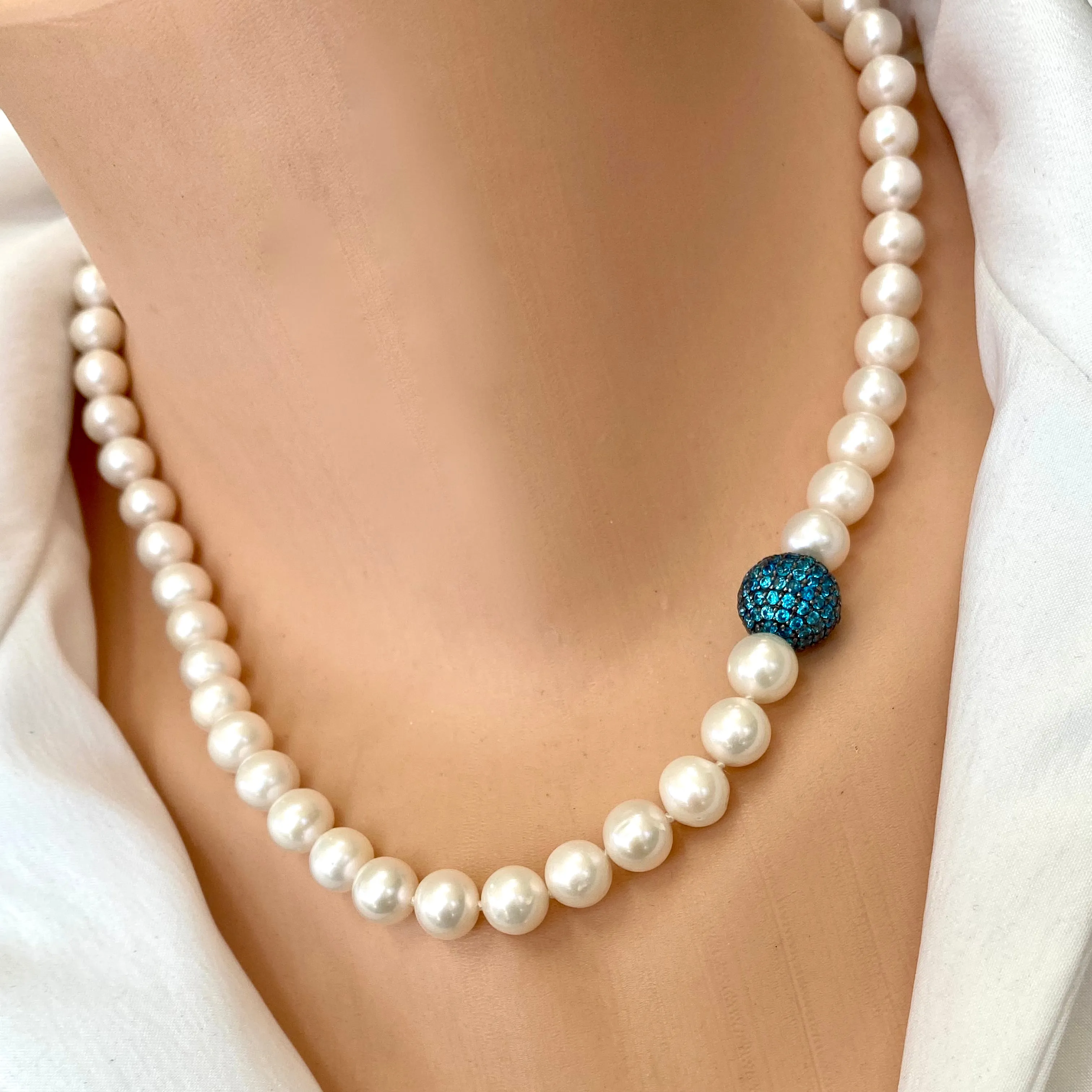 Classic White Pearls and Turquoise Blue Cubic Zirconia Pave Silver Ball Necklace with Magnetic Clasp, 18inches