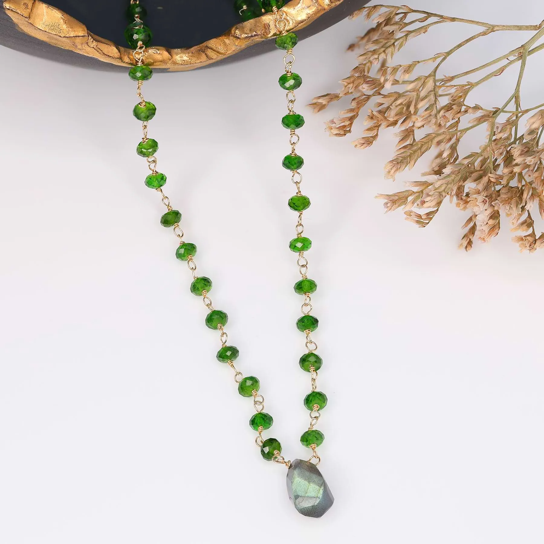 Delicate Chrome Diopside and Labradorite Gold Necklace