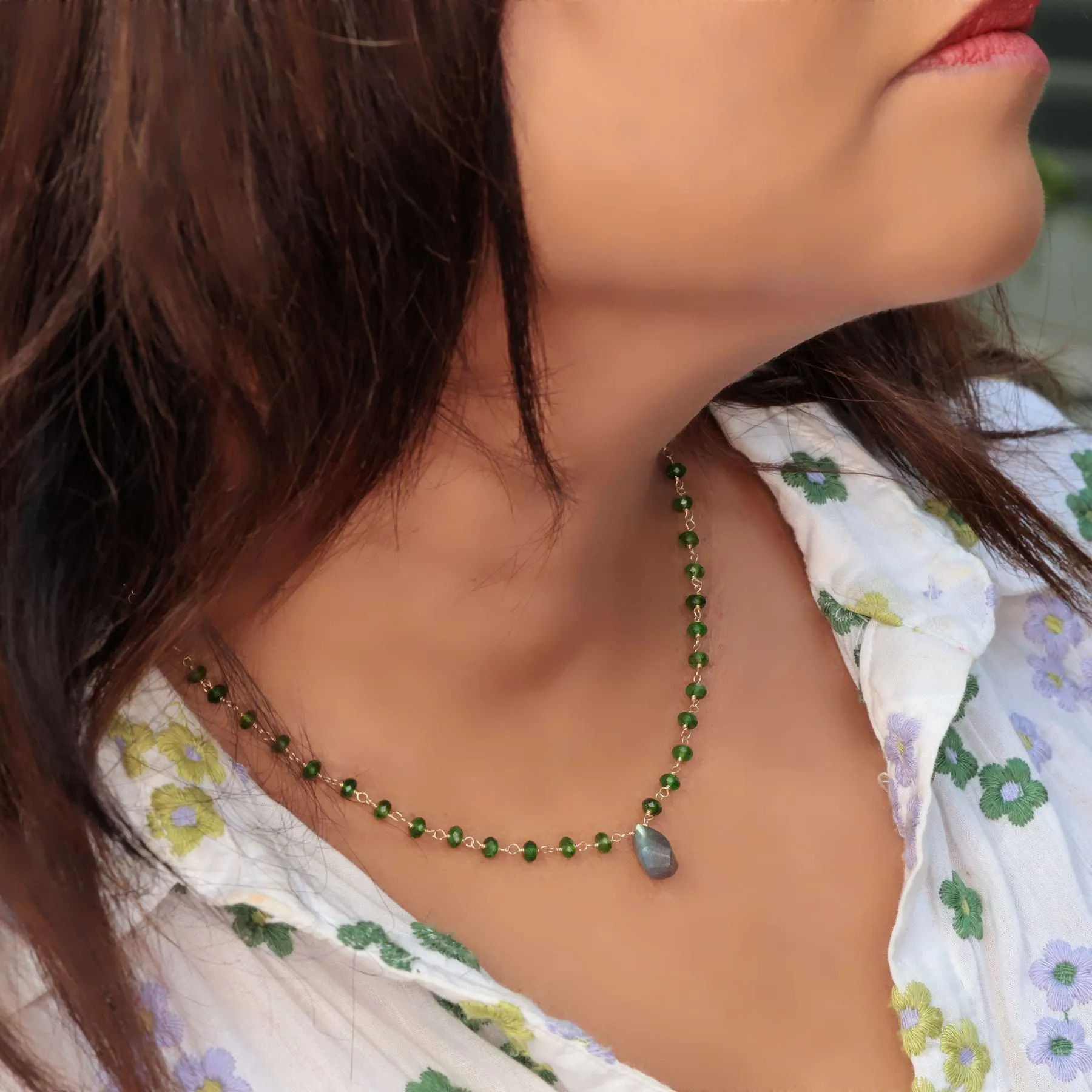 Delicate Chrome Diopside and Labradorite Gold Necklace