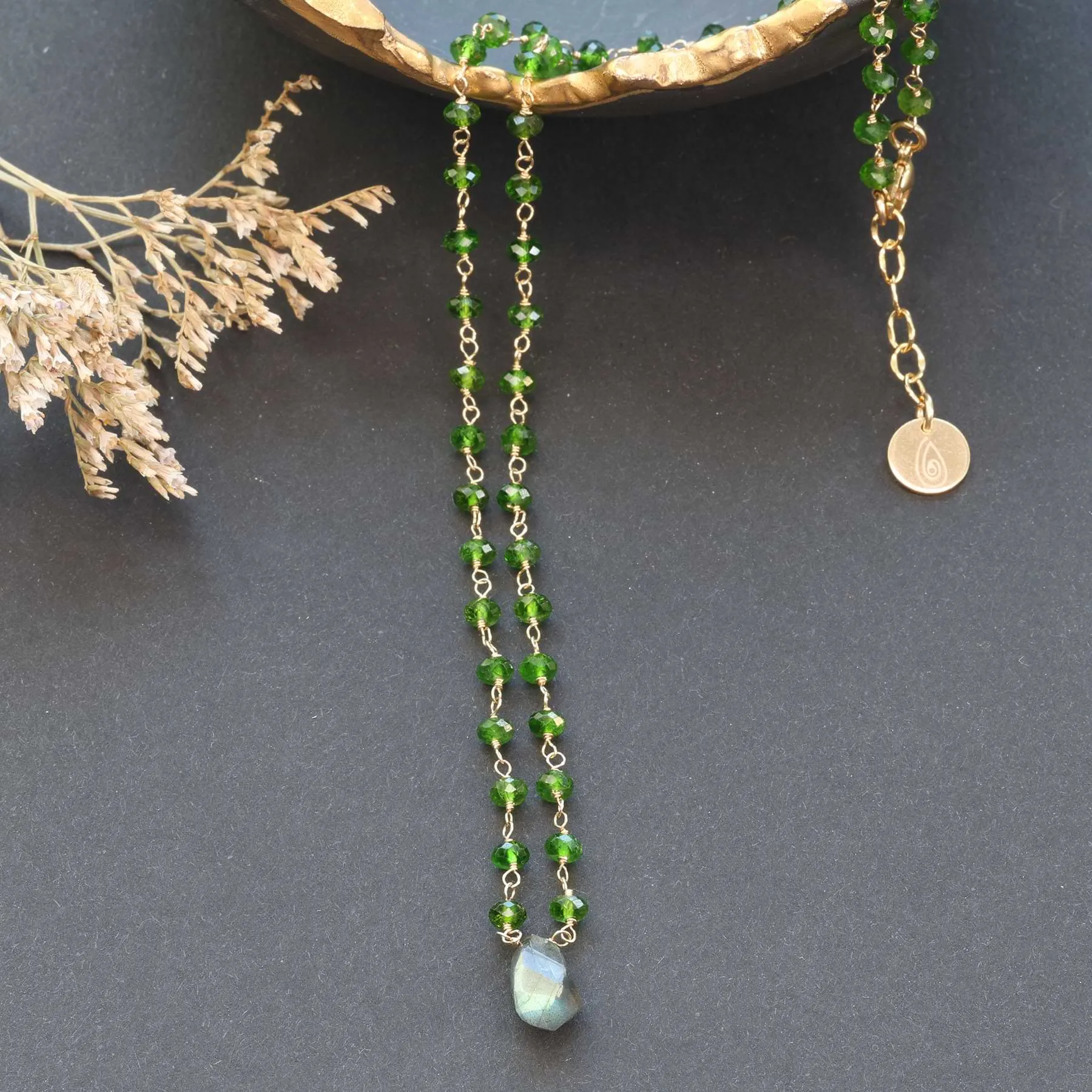 Delicate Chrome Diopside and Labradorite Gold Necklace