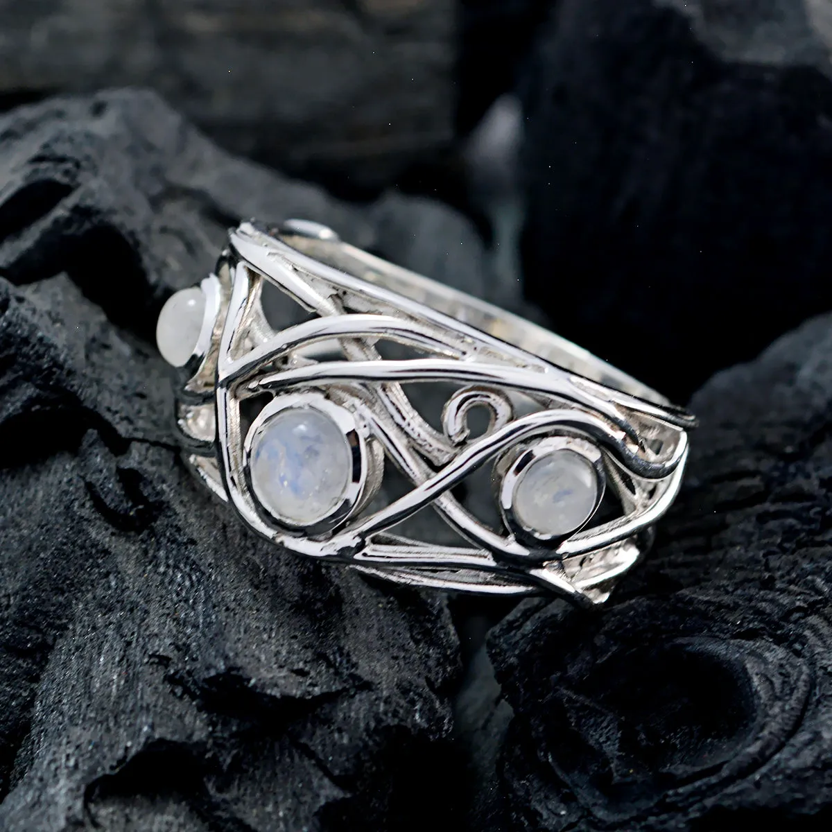 Delicate Gemstone Rainbow Moonstone Sterling Silver Ring Hamsa Jewelry