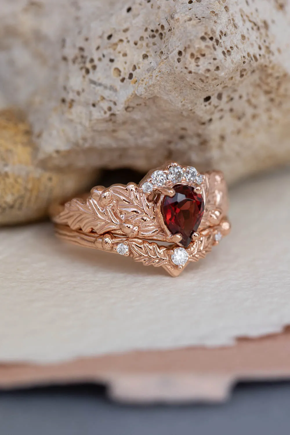 Diamond crown and garnet engagement ring, gorgeous nature inspired proposal ring / Royal Oak