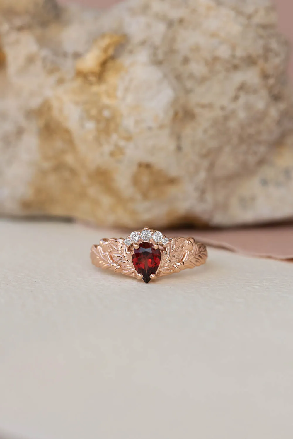 Diamond crown and garnet engagement ring, gorgeous nature inspired proposal ring / Royal Oak