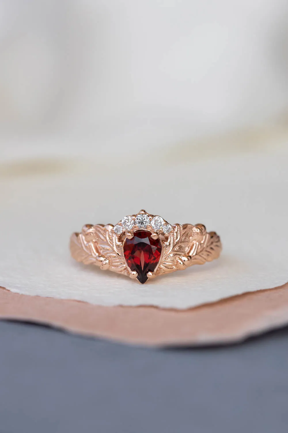 Diamond crown and garnet engagement ring, gorgeous nature inspired proposal ring / Royal Oak