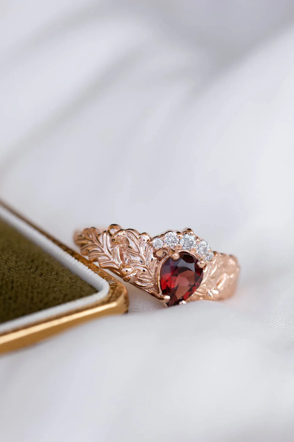 Diamond crown and garnet engagement ring, gorgeous nature inspired proposal ring / Royal Oak