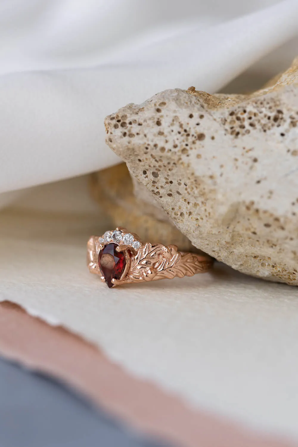 Diamond crown and garnet engagement ring, gorgeous nature inspired proposal ring / Royal Oak