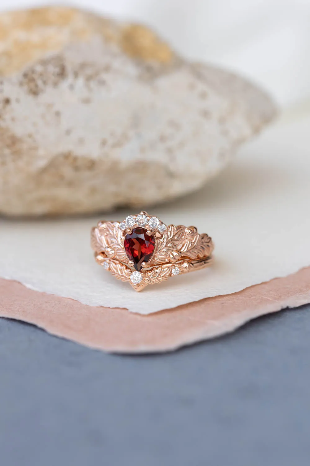 Diamond crown and garnet engagement ring, gorgeous nature inspired proposal ring / Royal Oak