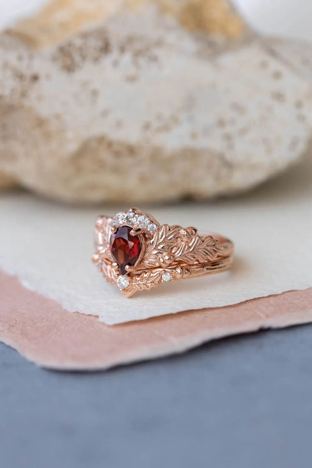 Diamond crown and garnet engagement ring, gorgeous nature inspired proposal ring / Royal Oak